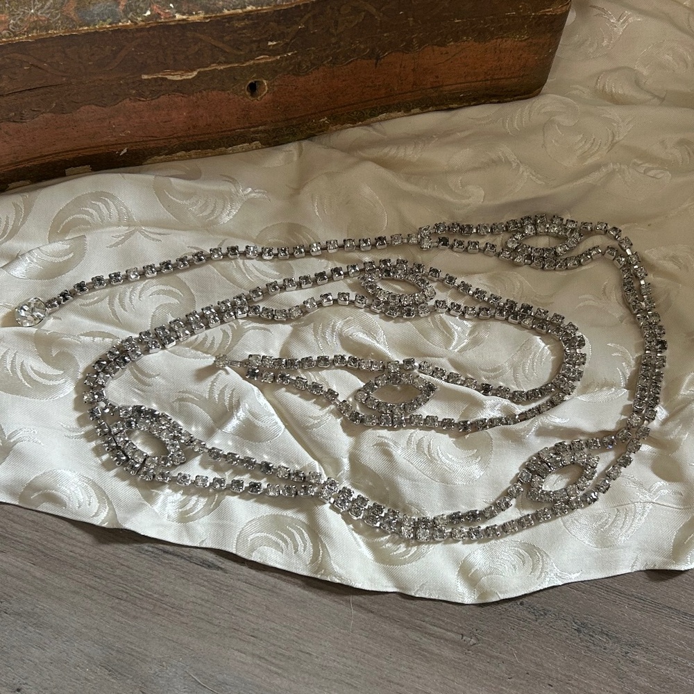 1950s Rhinestone Rhodium Plated/Silver Tone Double Strand Necklace Wedding Belt